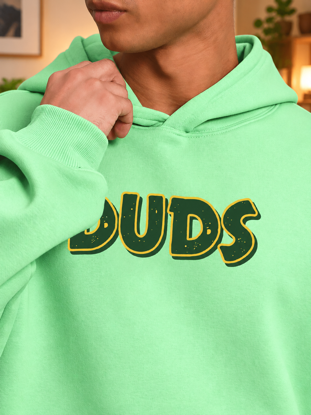 JUDY NICK ZOOTOPIA FLEECE HOODIE GREEN close-up DUDS print, cozy streetwear fleece hoodie for men women unisex