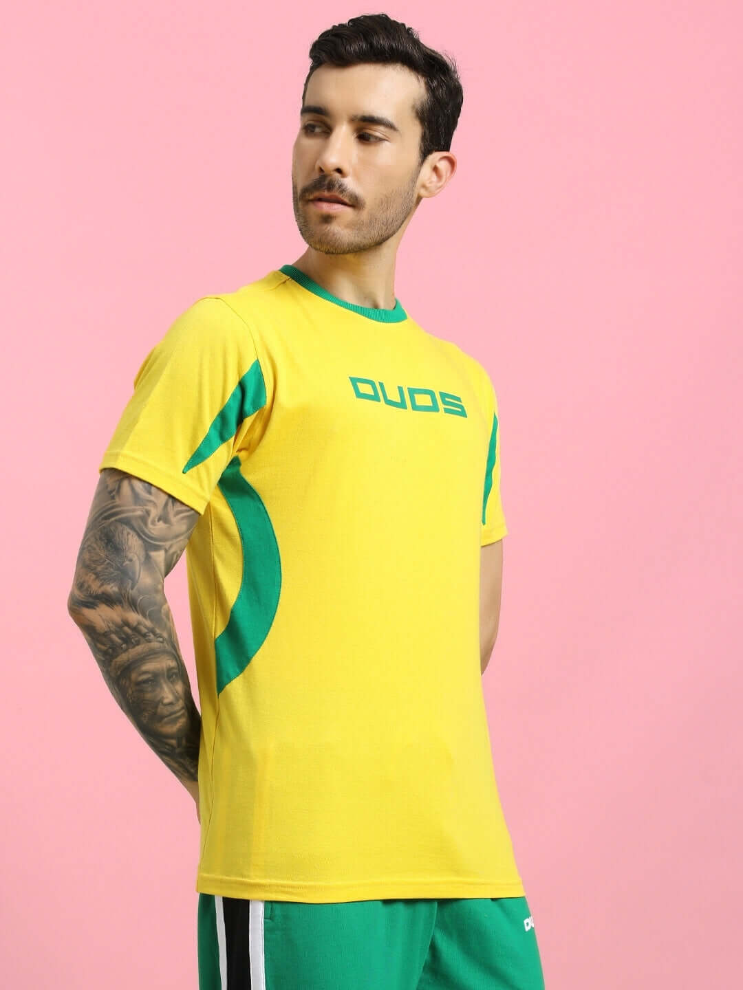 JUMPY REGULAR FIT T-SHIRT YELLOW on male model, featuring premium cotton and regular fit for comfort and versatility.