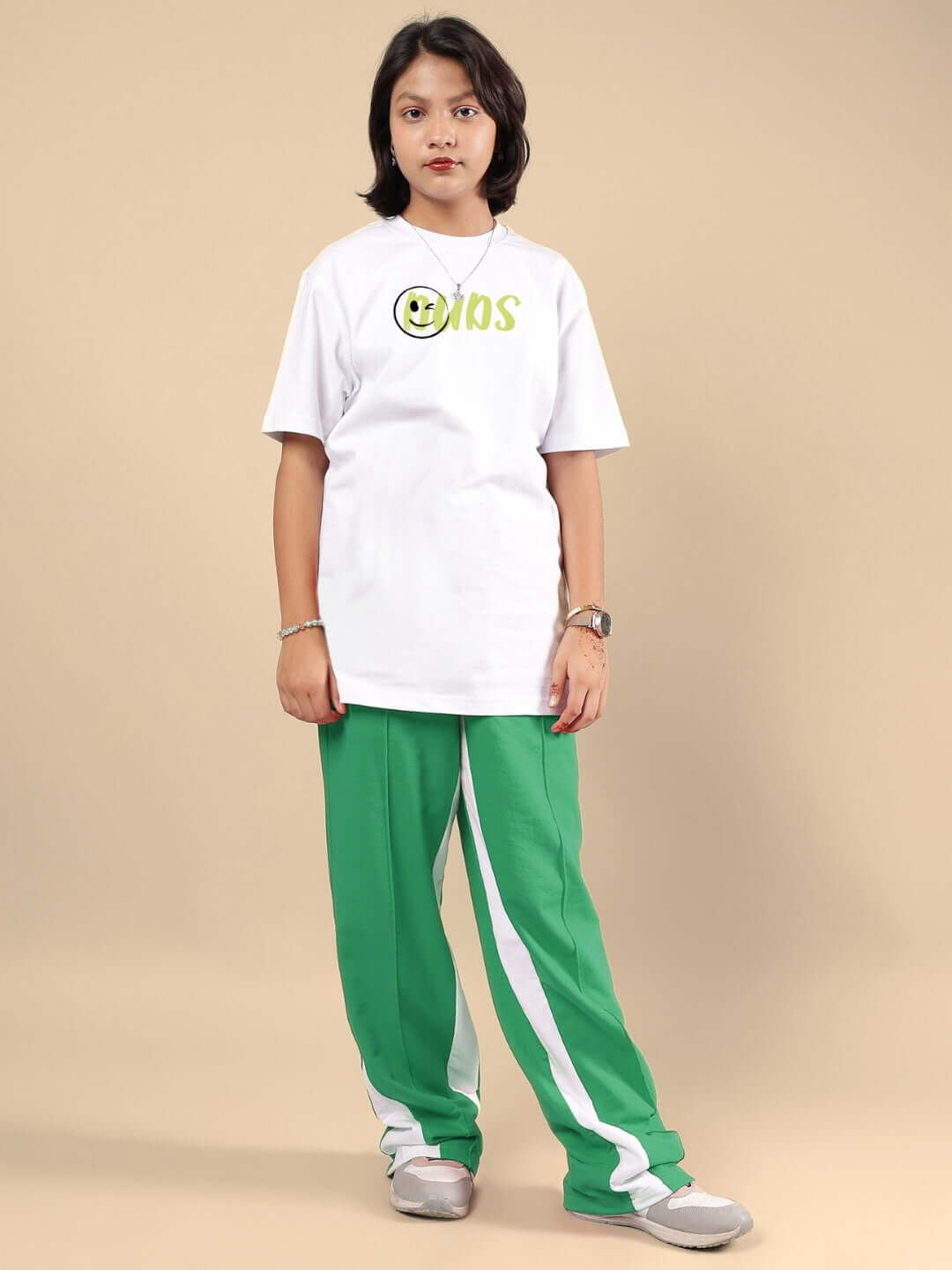 JUST WANNA BE CO-ORD FOR BOYS & GIRLS WHITE-GREEN outfit displayed on model.