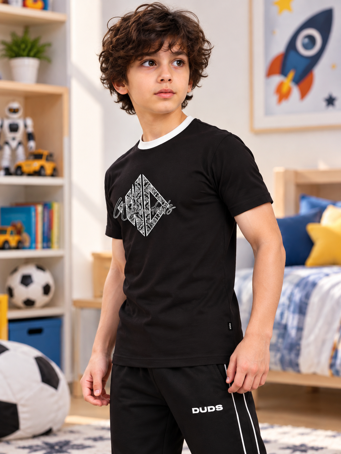 Kids Grey Black Angular Regular Fit T-Shirt worn by boy with white trim and graphic print