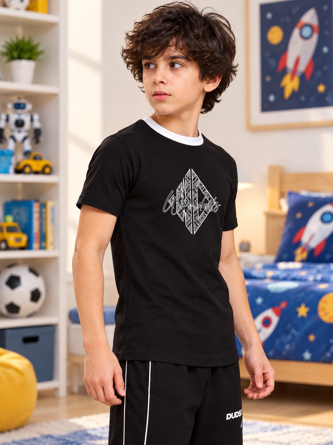 Kids Grey Black Angular Regular Fit T-Shirt worn by boy in rocket-themed bedroom, WEARDUDS casual style
