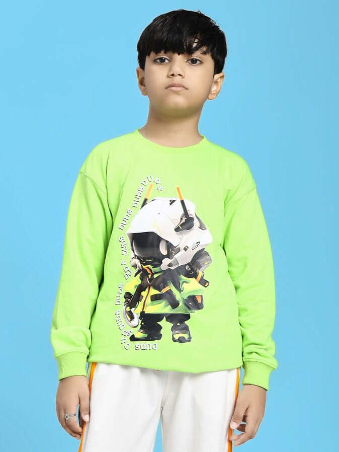 Boy wearing the MINI ROBOTICS SWEATSHIRT FOR BOYS AND GIRLS NEON GREEN with futuristic design