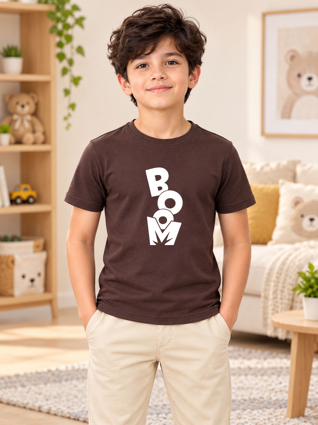 Kids White Dark Brown Boom Fit Regular T-Shirt worn by boy in casual living room setting from WEARDUDS
