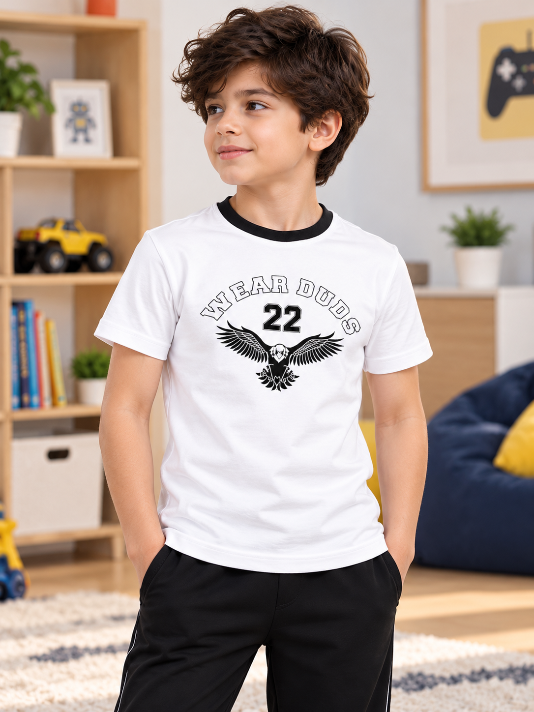 Kids White Eagle Wings Regular Fit T-Shirt worn by boy in casual indoor home setting
