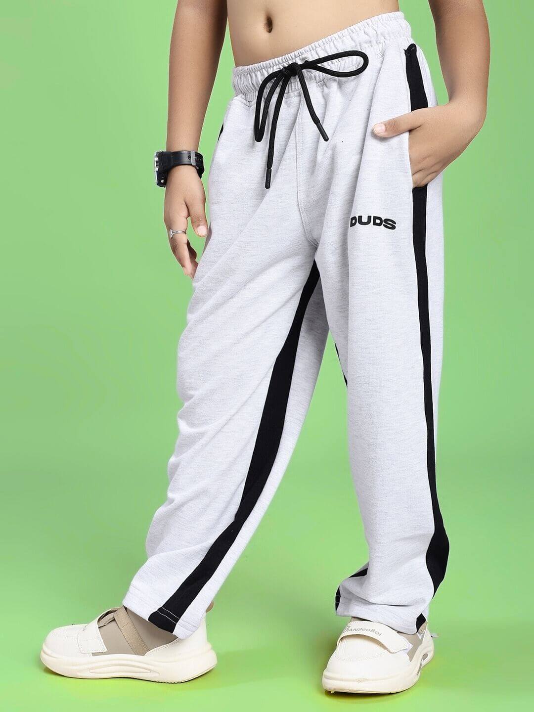 SIDE SEAM BAGGY JOGGER FOR BOYS AND GIRLS GREY BLACK with stylish black stripes and comfortable fit for kids.