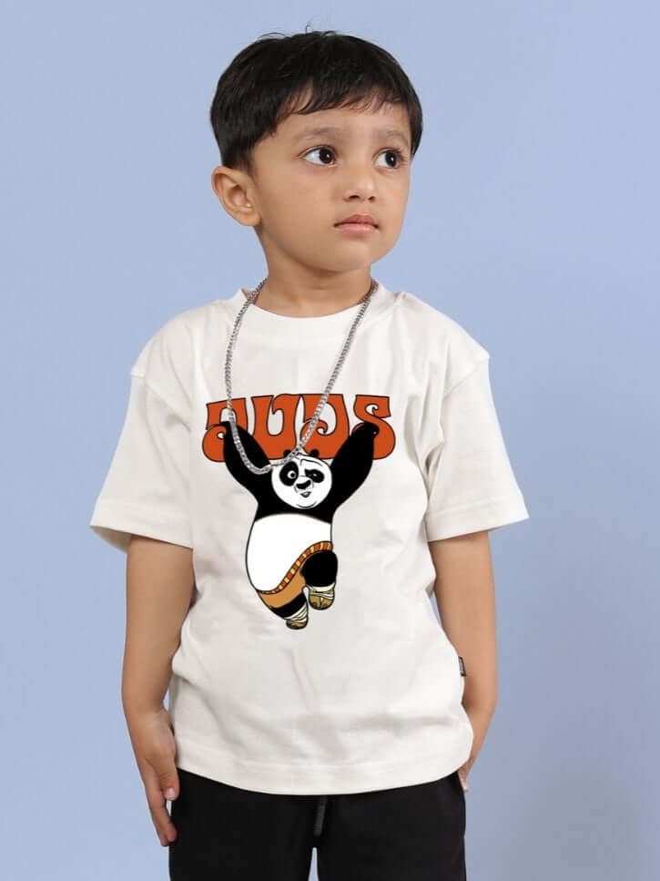 Boy wearing off-white Kung Fu Panda t-shirt with playful print, perfect for boys and girls, comfortable cotton blend, everyday wear, KUNG FU PANDA T-SHIRT FOR BOYS AND GIRLS OFF WHITE