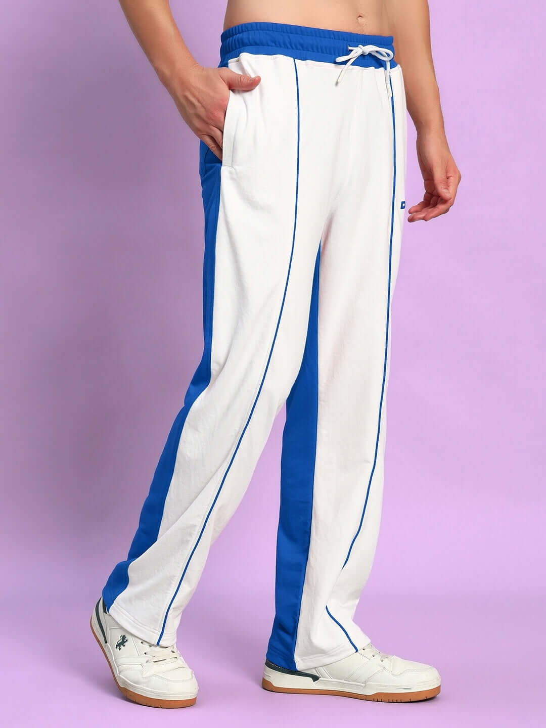 LAGOON RELAXED FIT JOGGERS WHITE BLUE with cool blue side stripes, ideal for casual style, comfort, and modern streetwear.