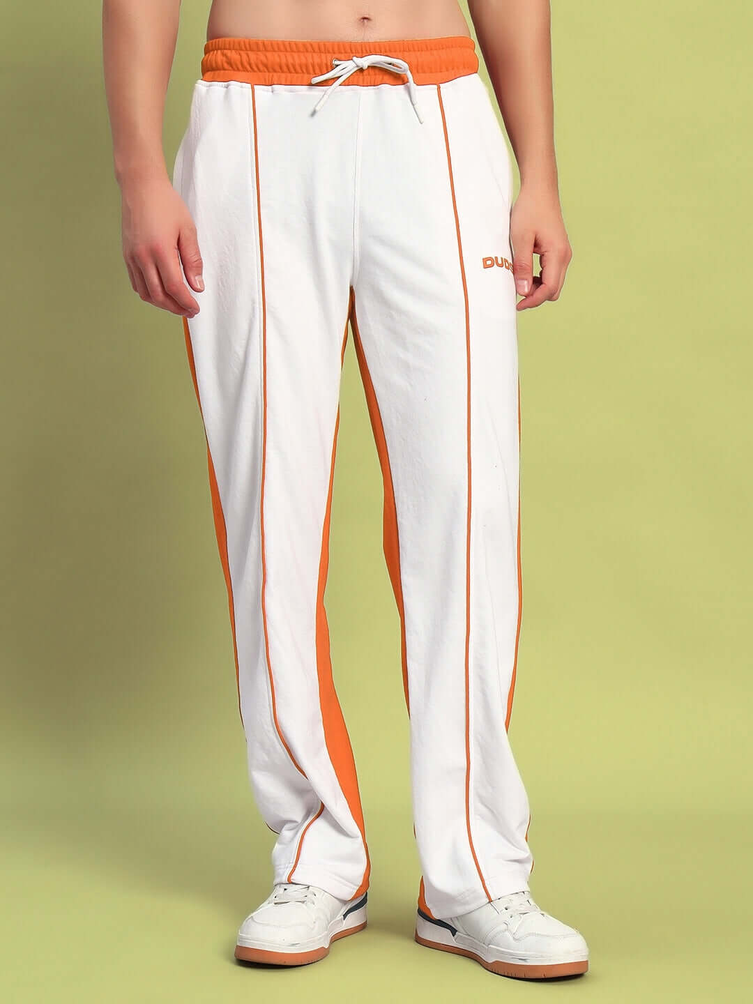 LAGOON Relaxed Fit Joggers in White Orange with customizable size option, made-to-order by DUDS, showcasing front view design.