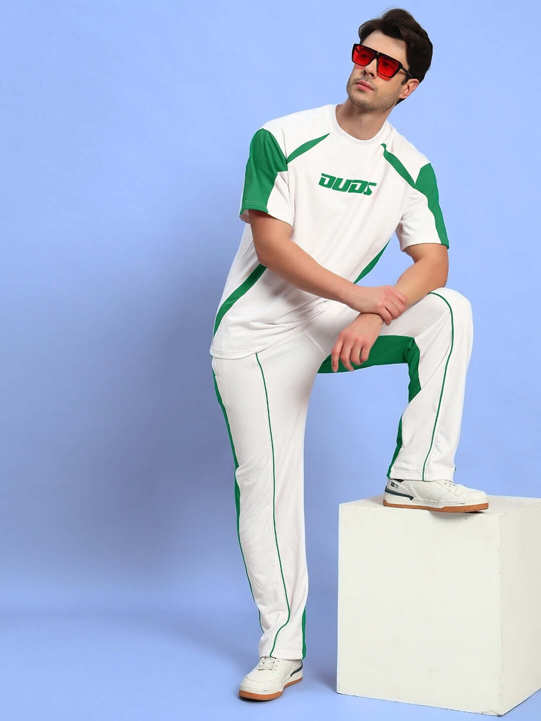 LAGOON RELAXED FIT JOGGERS WHITE GREEN worn by model with casual style.