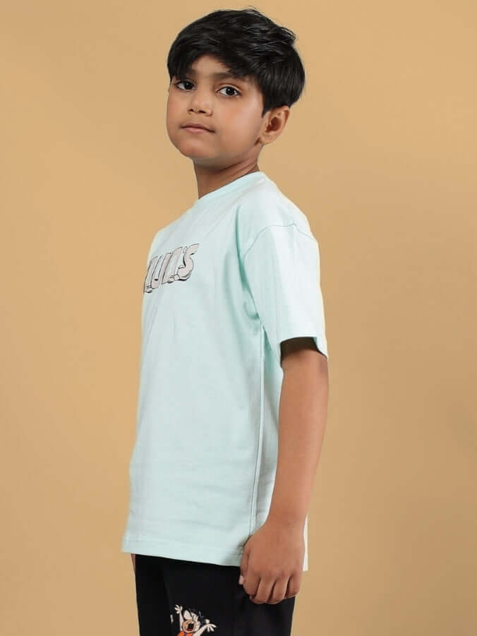 Boy wearing LET'S ROCK T-SHIRT FOR BOYS & GIRLS SKY BLUE, available with custom fit options.
