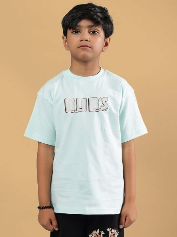 Boy wearing LET'S ROCK T-SHIRT FOR BOYS & GIRLS SKY BLUE from DUDS collection, front view.