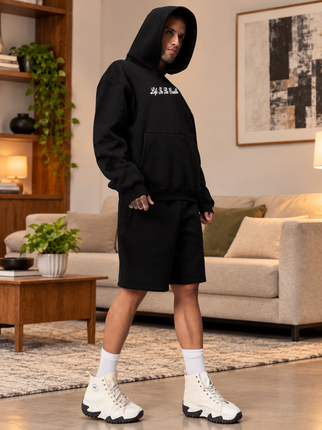 LIFE IN THE CRUCIBLE PRINTED FLEECE CO-ORD BLACK hoodie and shorts set styled for streetwear comfort