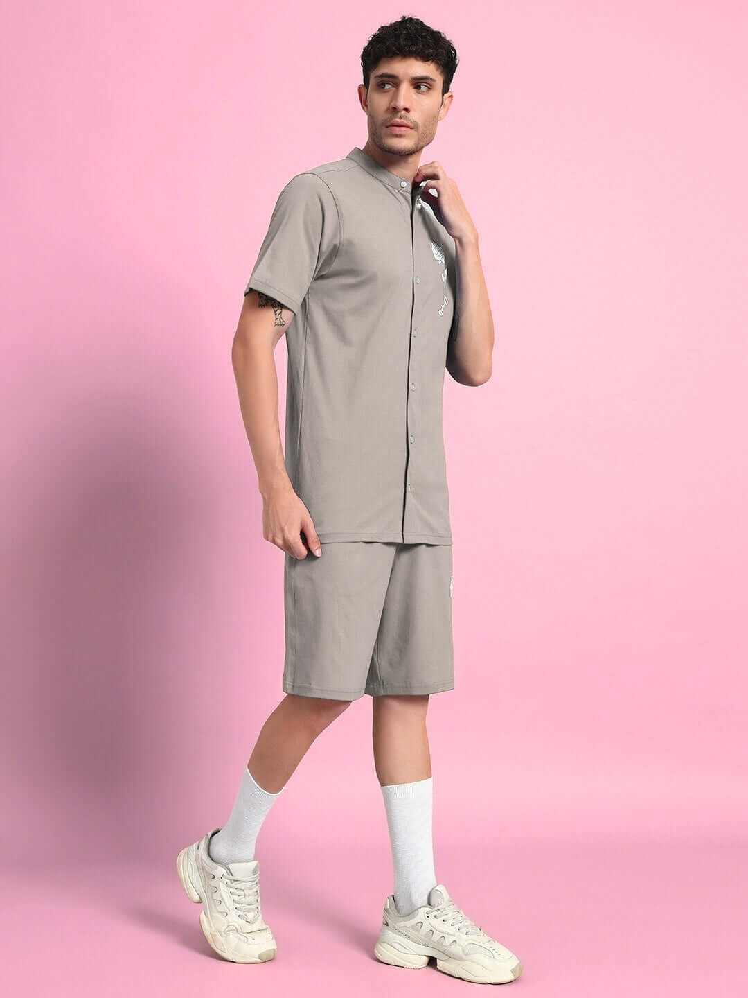 Model wearing LIMBO Co-Ord Set in grey, showcasing premium heavy gauge fabric with cotton terry, perfect for casual wear.
