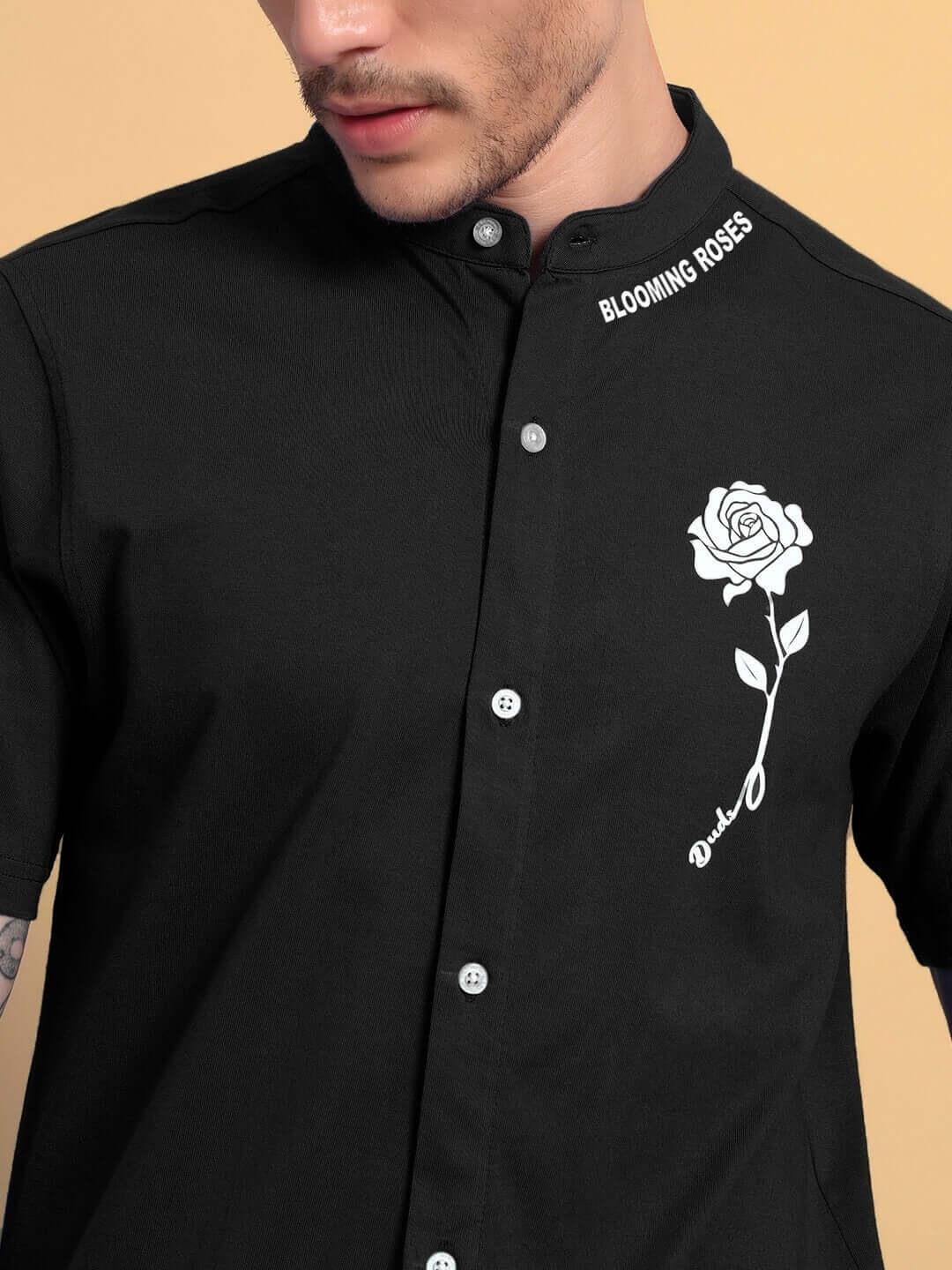 Black LIMBO regular fit shirt with a white floral design, made from premium cotton and elastane blend, featuring button closure.