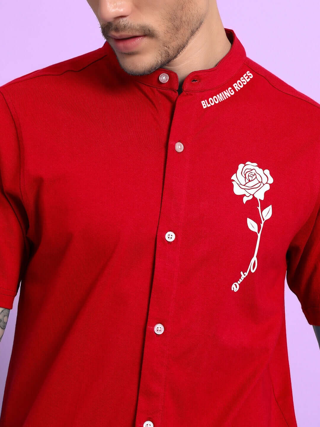 LIMBO Regular Fit Shirt in red with floral embroidery, premium cotton blend, short sleeves, and button-up design. Cold machine wash care.