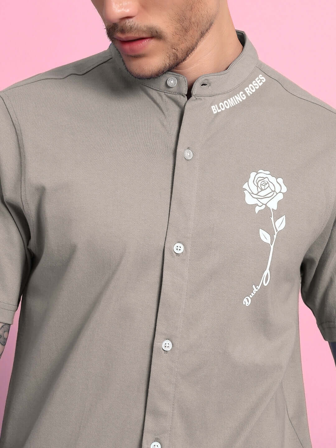 LIMBO regular fit grey shirt with rose design, premium cotton French terry fabric, bio-washed for durability, made in India.