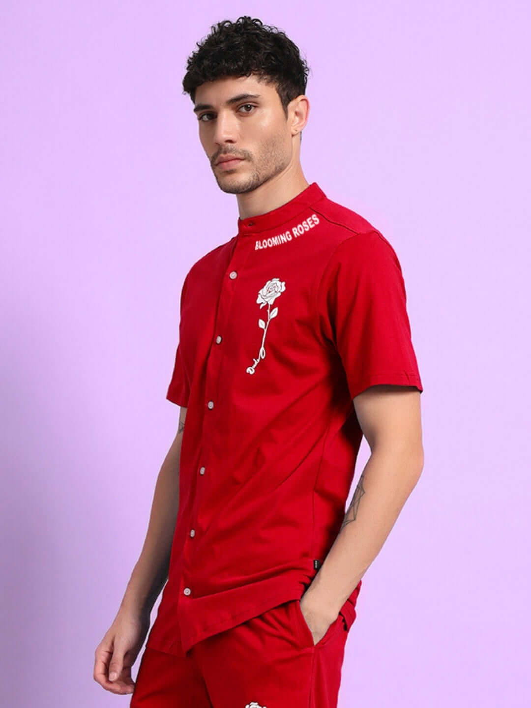Model wearing LIMBO Regular Fit Shirt in red, showing embroidery, made from premium cotton French terry lycra, bio-washed, India.