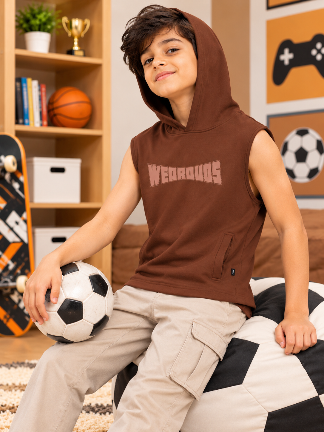 Kids Brown Logo Graphic Sleeveless T-Shirt with hood, worn by boy holding soccer ball in playroom