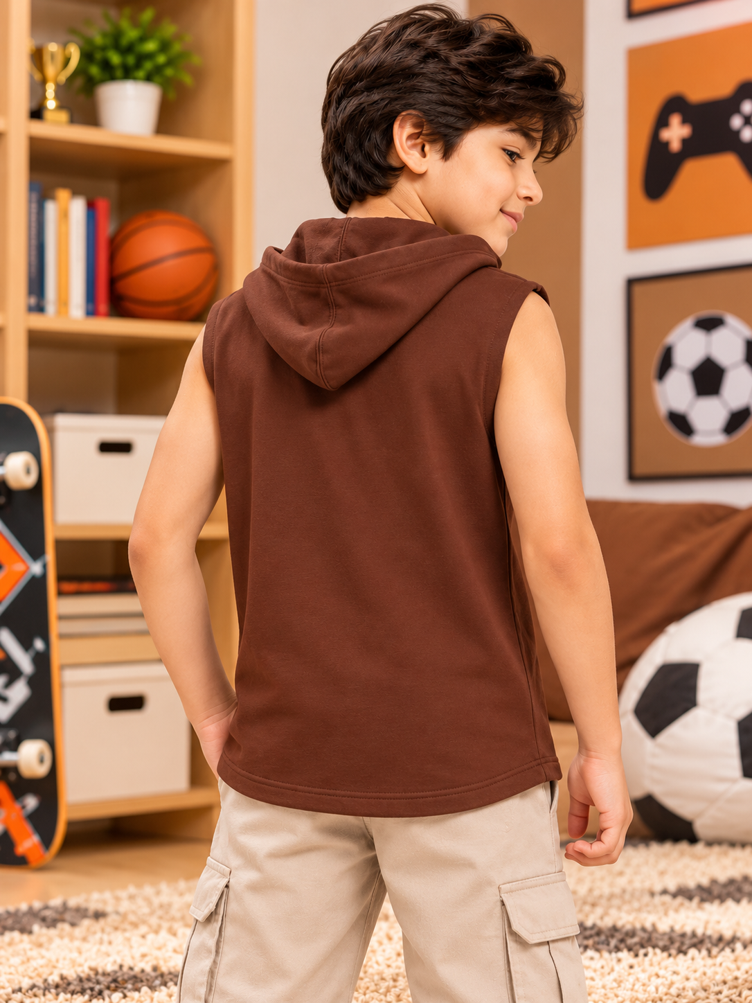 Kids Brown Logo Graphic Sleeveless T-Shirt with hood, back view in a cozy sports-themed bedroom