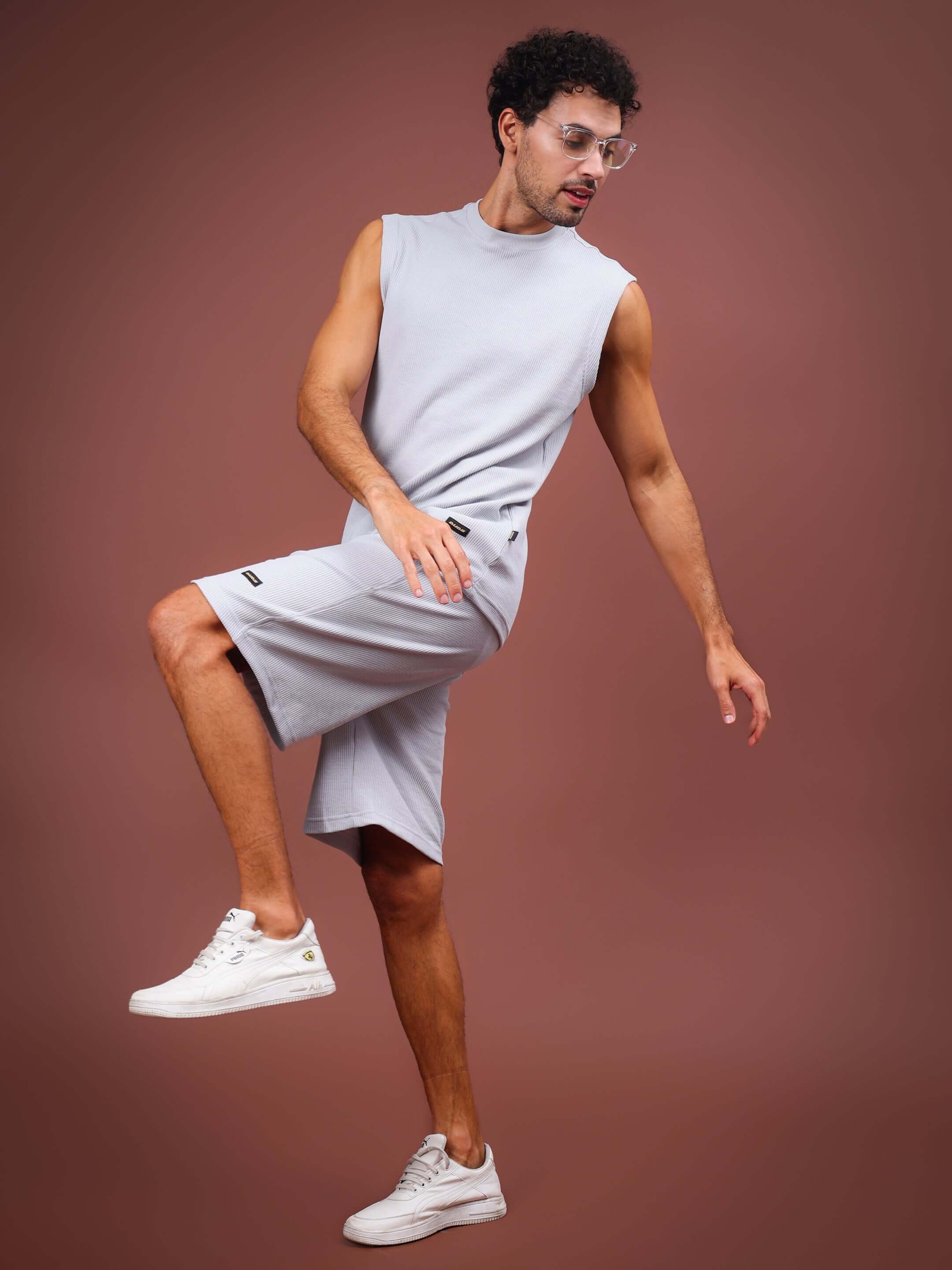 Model wearing grey LOW-KEY SOLID CO-ORD SET made of 100% cotton waffle fabric, showcasing a stylish and comfortable casual look.