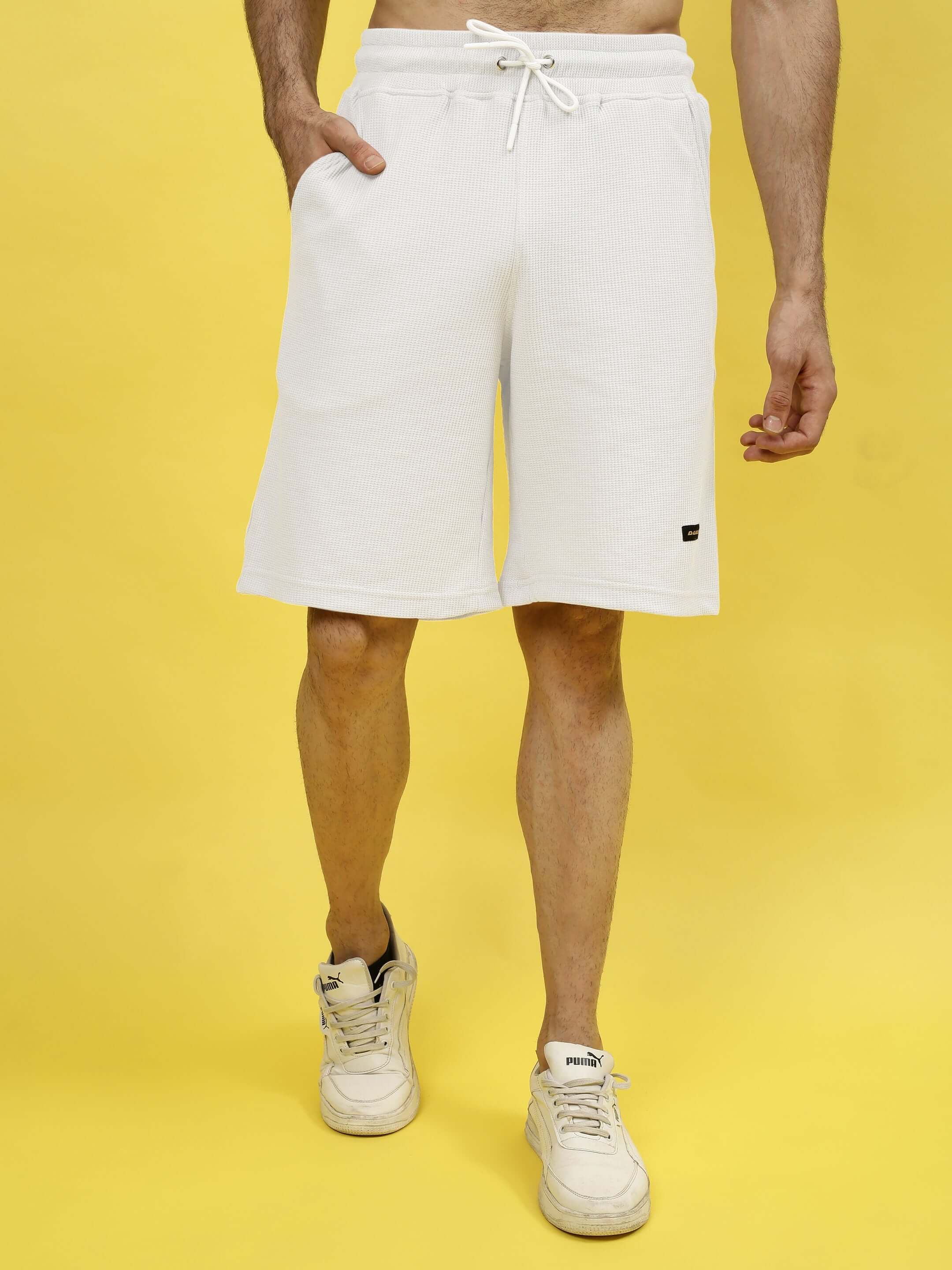 Off-white co-ord set shorts in premium waffle fabric, 100% cotton. Stylish and comfortable, ideal for casual wear.