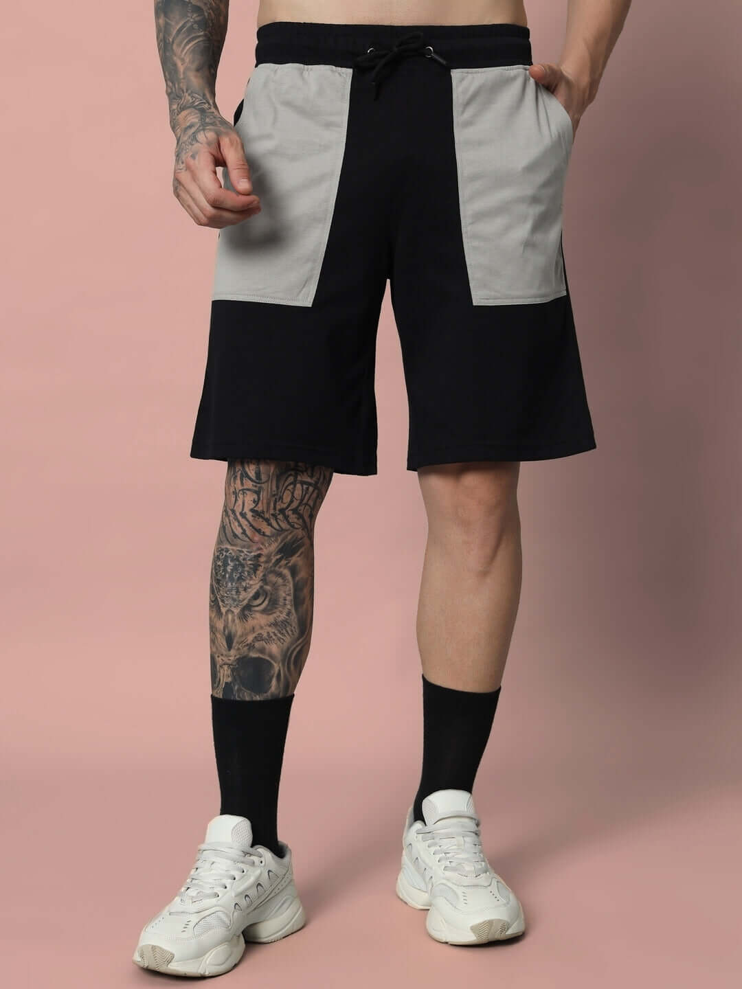 LUSTRE CO-ORD SET in black and grey featuring premium cotton French Terry Lycra, showcased against a soft pink backdrop.