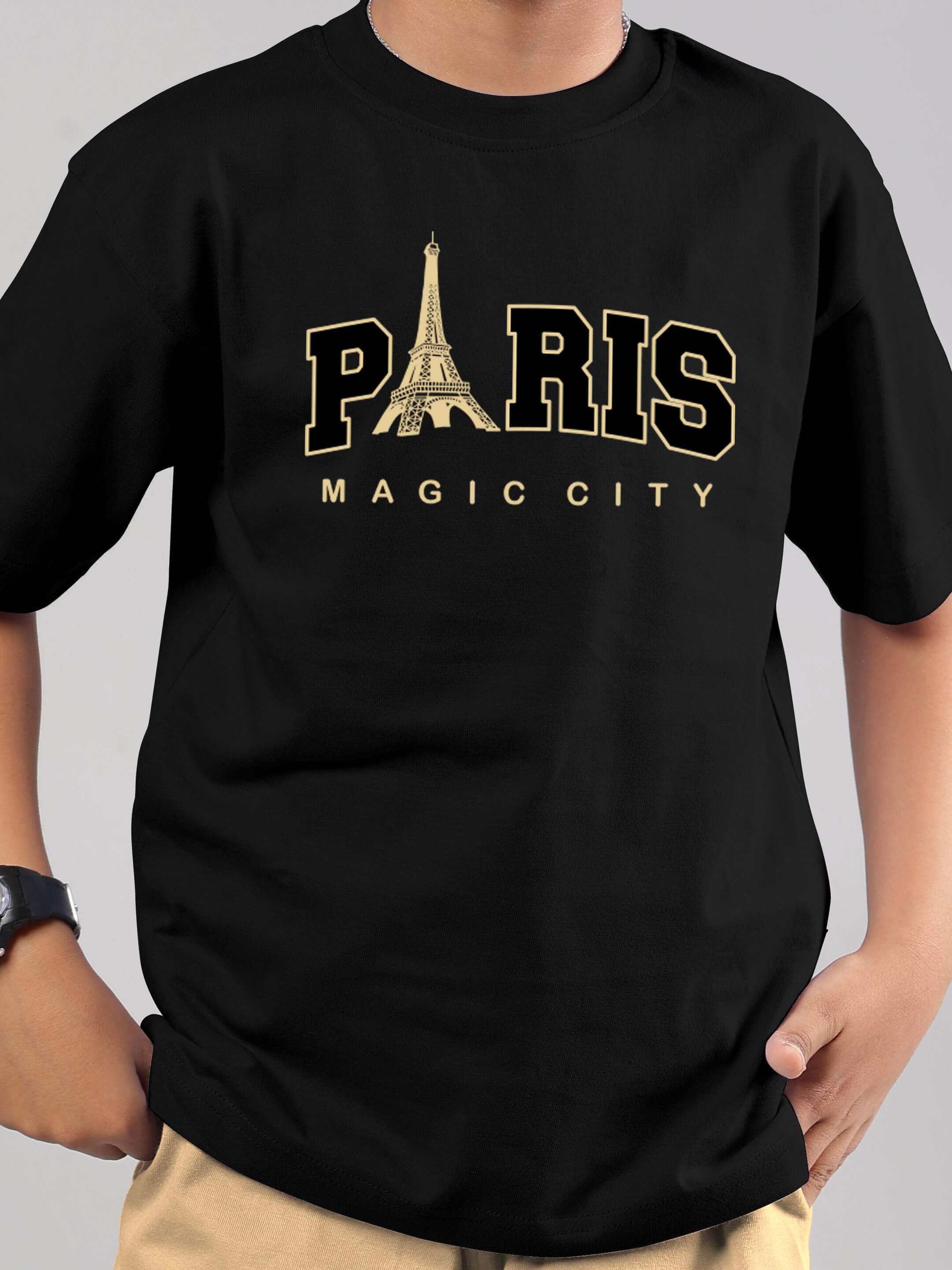 Black Magic City co-ord outfit for boys and girls featuring Paris text design with Eiffel Tower, beige accents, made by DUDS.