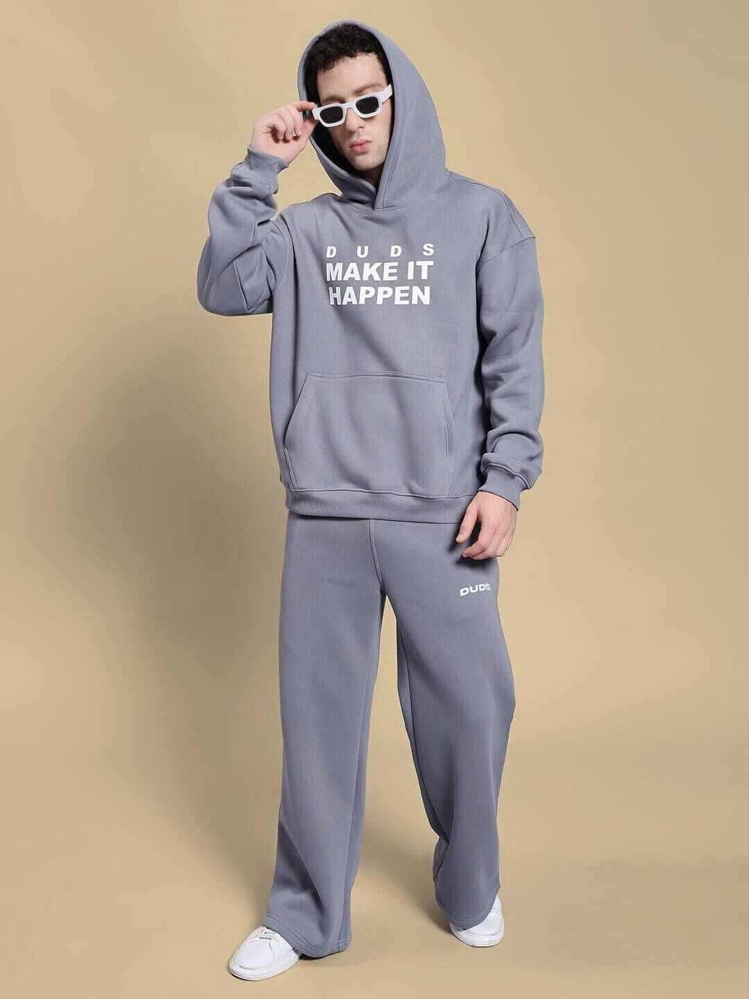 MAKE IT HAPPEN FLEECE CO-ORD SET GREY showcasing modern relaxed fit with hoodie and joggers, ideal for casual outings and comfort.