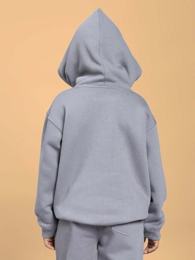 MAKE IT HAPPEN FLEECE HOODIE FOR BOYS AND GIRLS GREY - back view of unisex hoodie with drawstring hood.