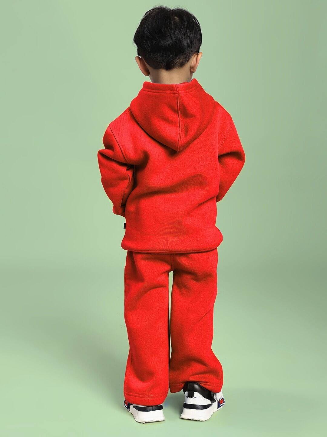 Back view of child wearing MAKE IT HAPPEN FLEECE CO-ORD FOR BOYS AND GIRLS RED showcasing bold style and vibrant energy.