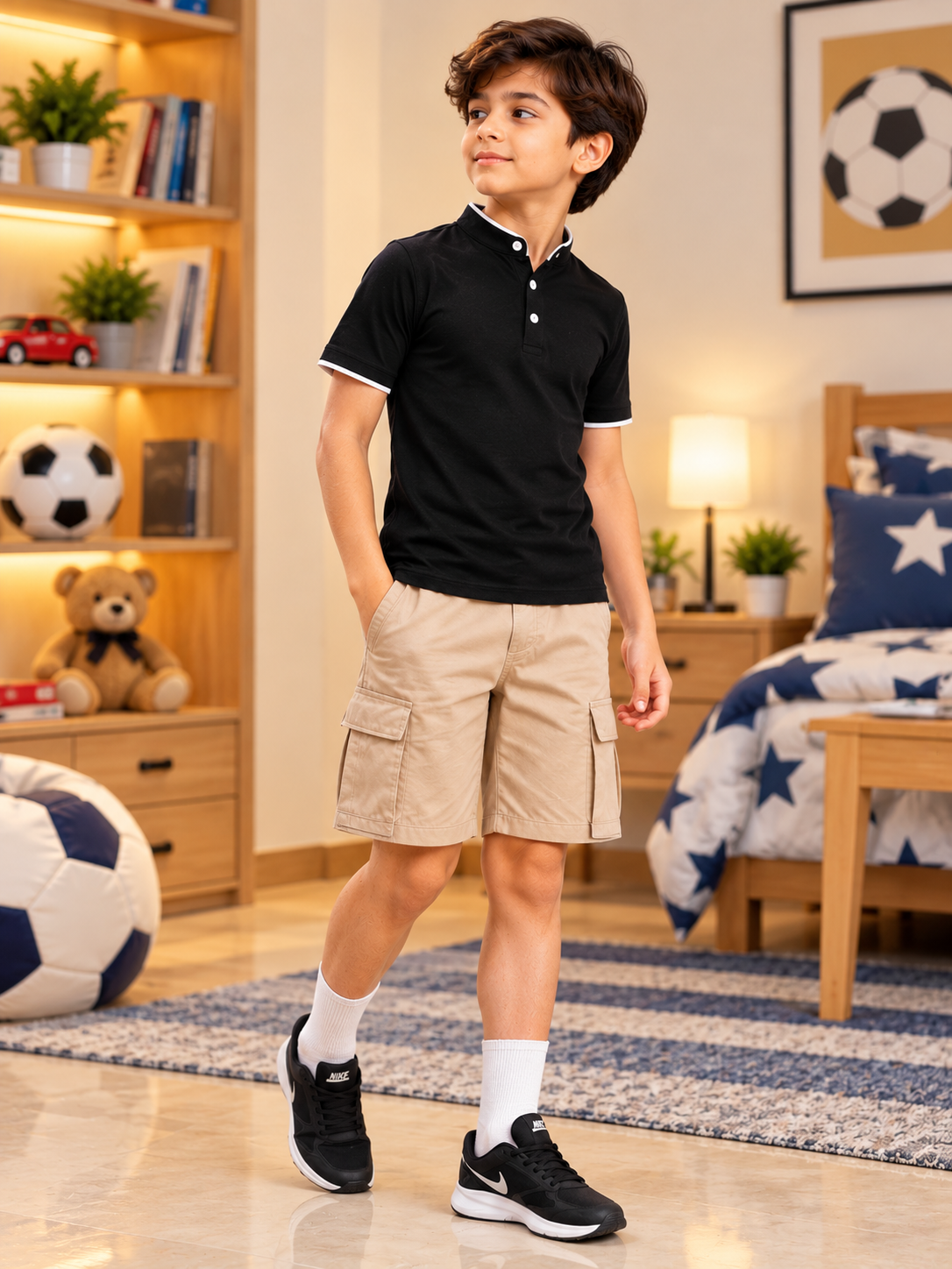 MANDARIN COLLAR POLO T-SHIRT FOR BOYS GIRLS BLACK