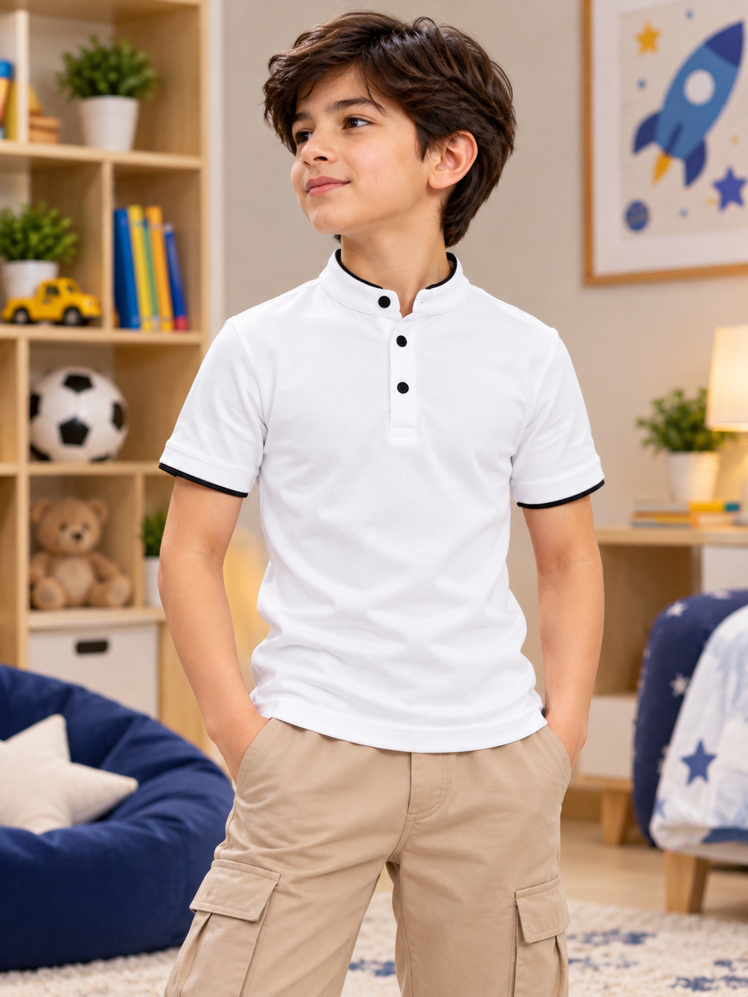 MANDARIN COLLAR POLO T-SHIRT FOR BOYS GIRLS WHITE