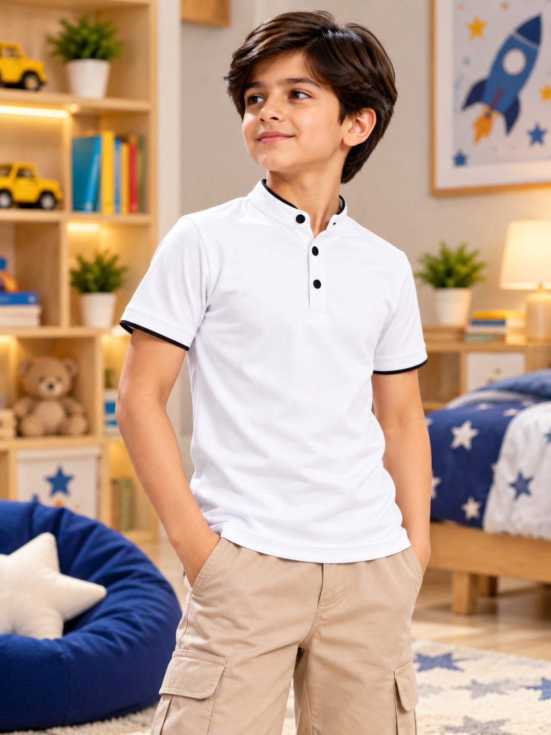 MANDARIN COLLAR POLO T-SHIRT FOR BOYS GIRLS WHITE
