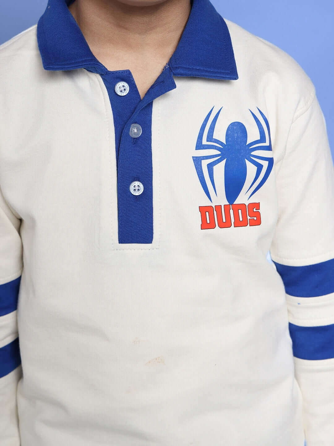 Child wearing white and royal blue Marvel oversized sweatshirt with spider design, premium cotton fabric, suitable for boys and girls.