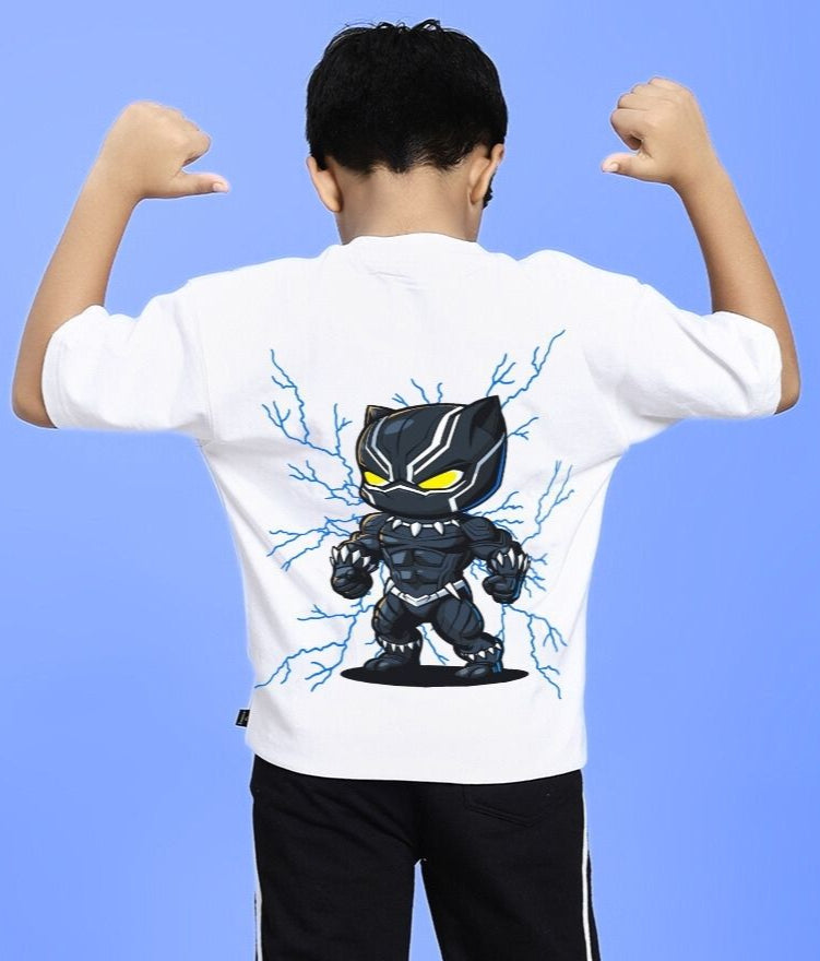Back view of a child wearing a MARVEL BLACK PANTHER T-SHIRT FOR BOYS AND GIRLS WHITE, featuring a cartoon Black Panther design.