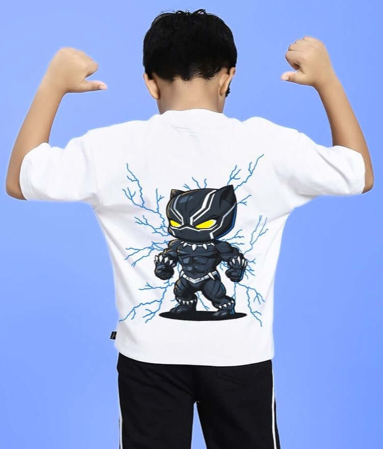 Child wearing MARVEL BLACK PANTHER T-SHIRT FOR BOYS AND GIRLS WHITE with a bold Black Panther graphic.