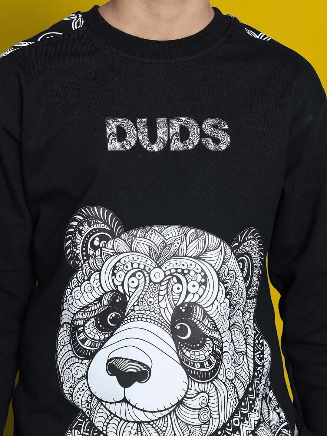 Black DUDS co-ord for kids featuring artistic panda design, perfect for boys and girls. Custom fit option available.