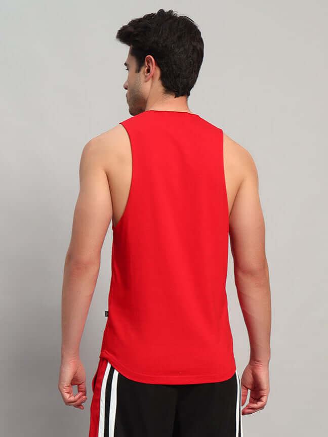 Back view of person wearing MAX GYM COTTON TERRY T-SHIRT RED for athletic workouts.