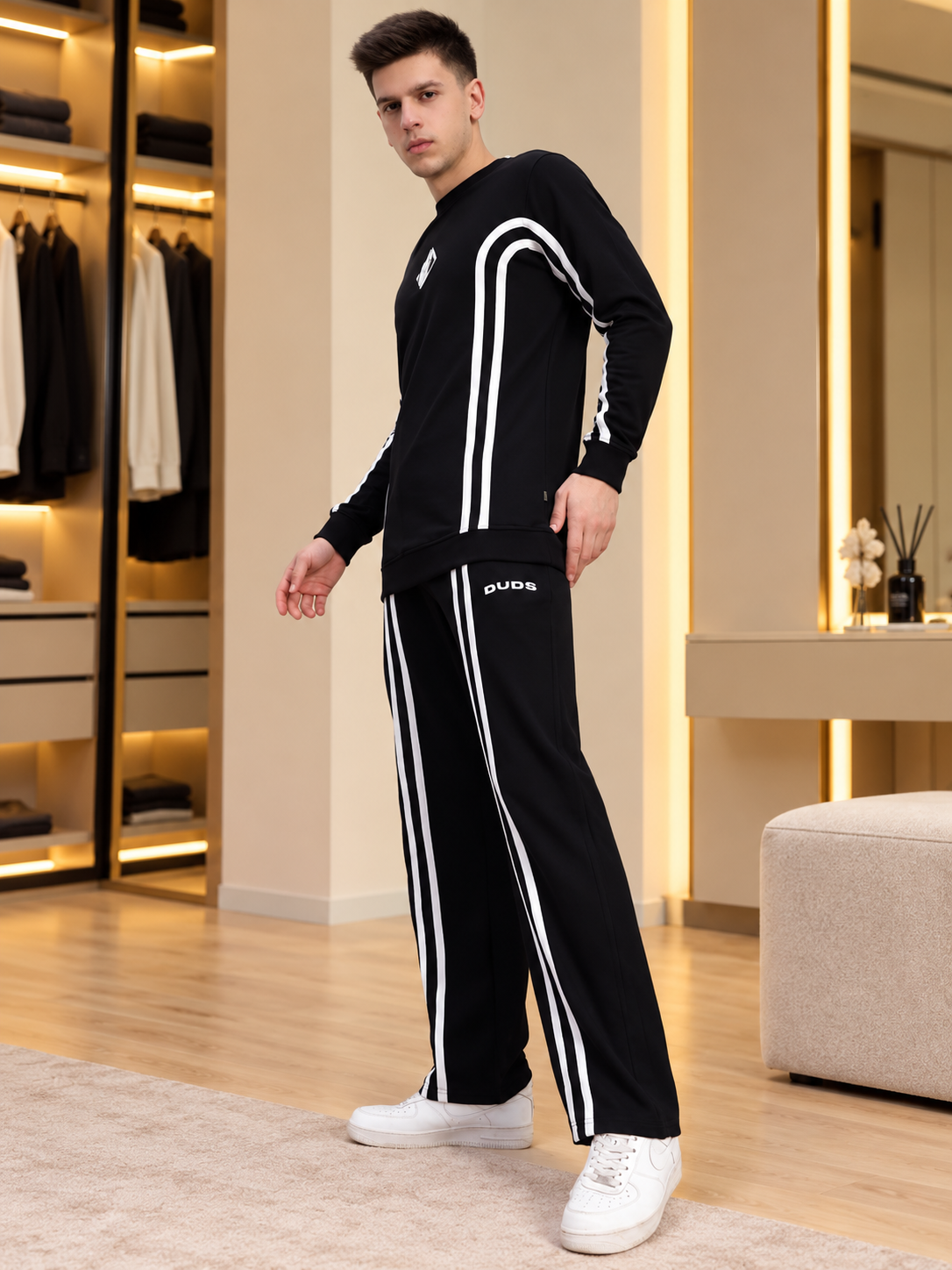 MEN OUTLOOK CO-ORD SET BLACK WITH WHITE STRIPE - Wearduds, view 4
