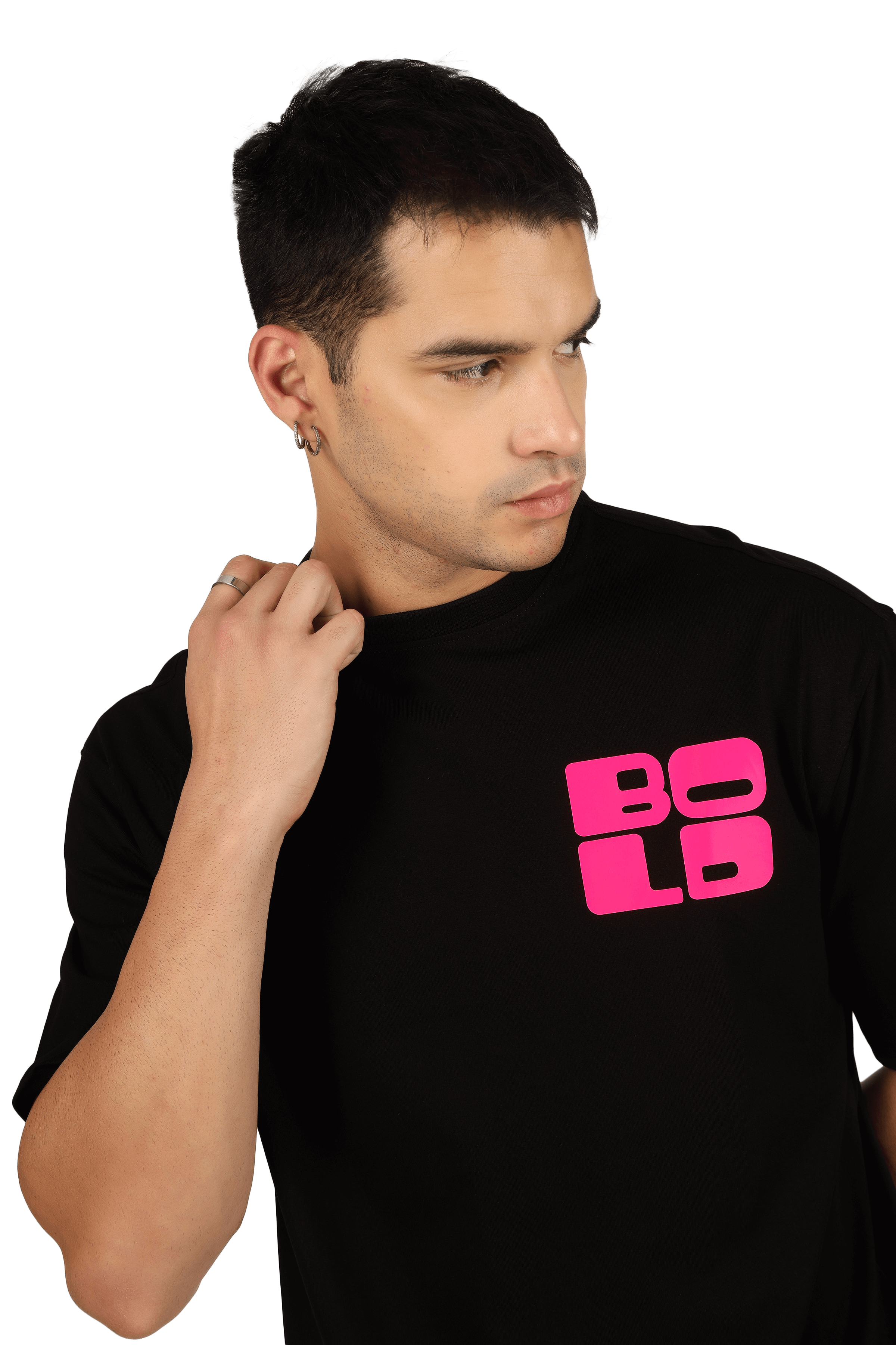 Man wearing a black CO-ORD T-shirt with pink "BOLD" print, showcasing casual style from DUDS.