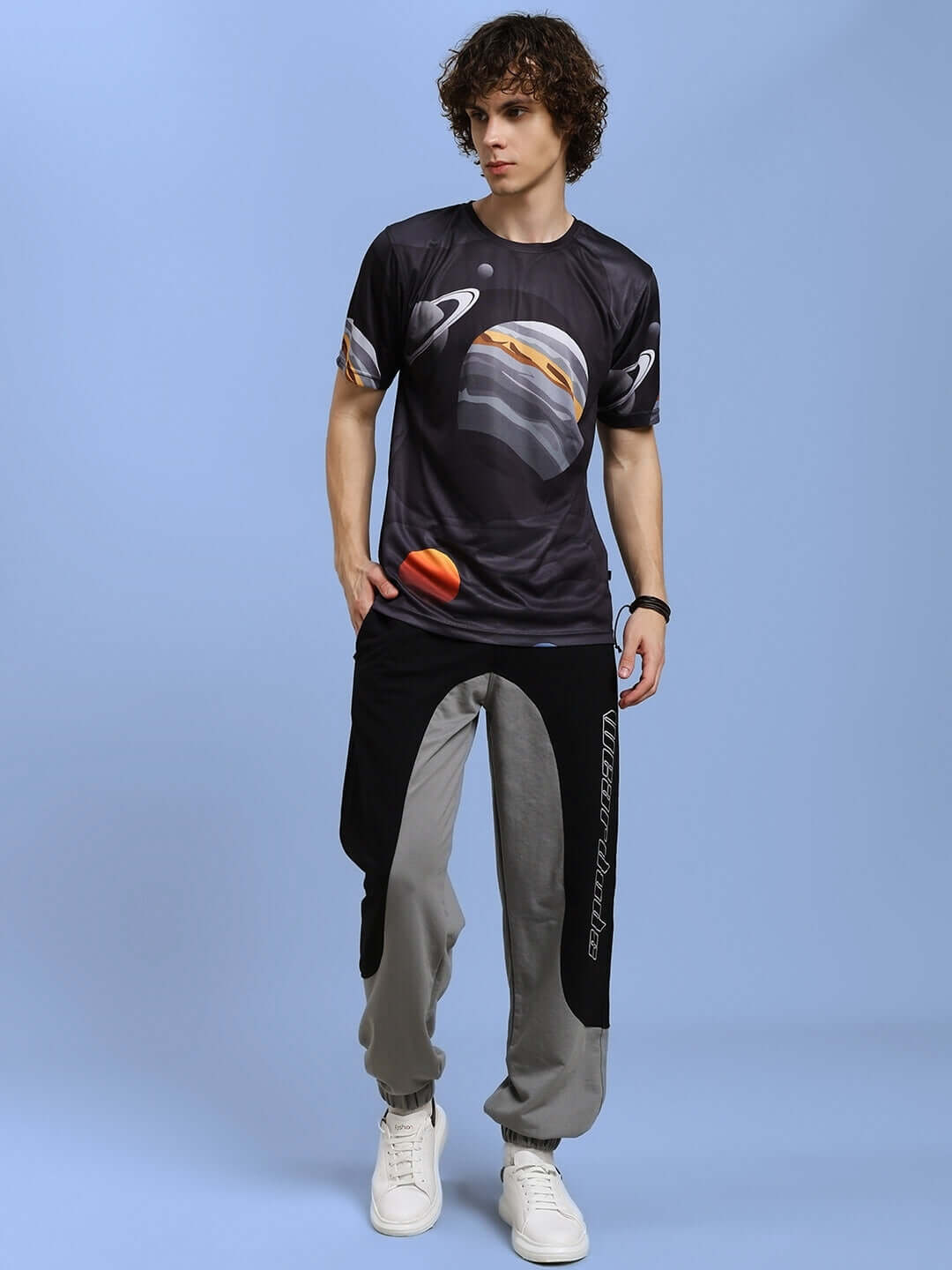 Model wearing BERLIN RELAXED FIT JOGGERS BLACK GREY in sporty style