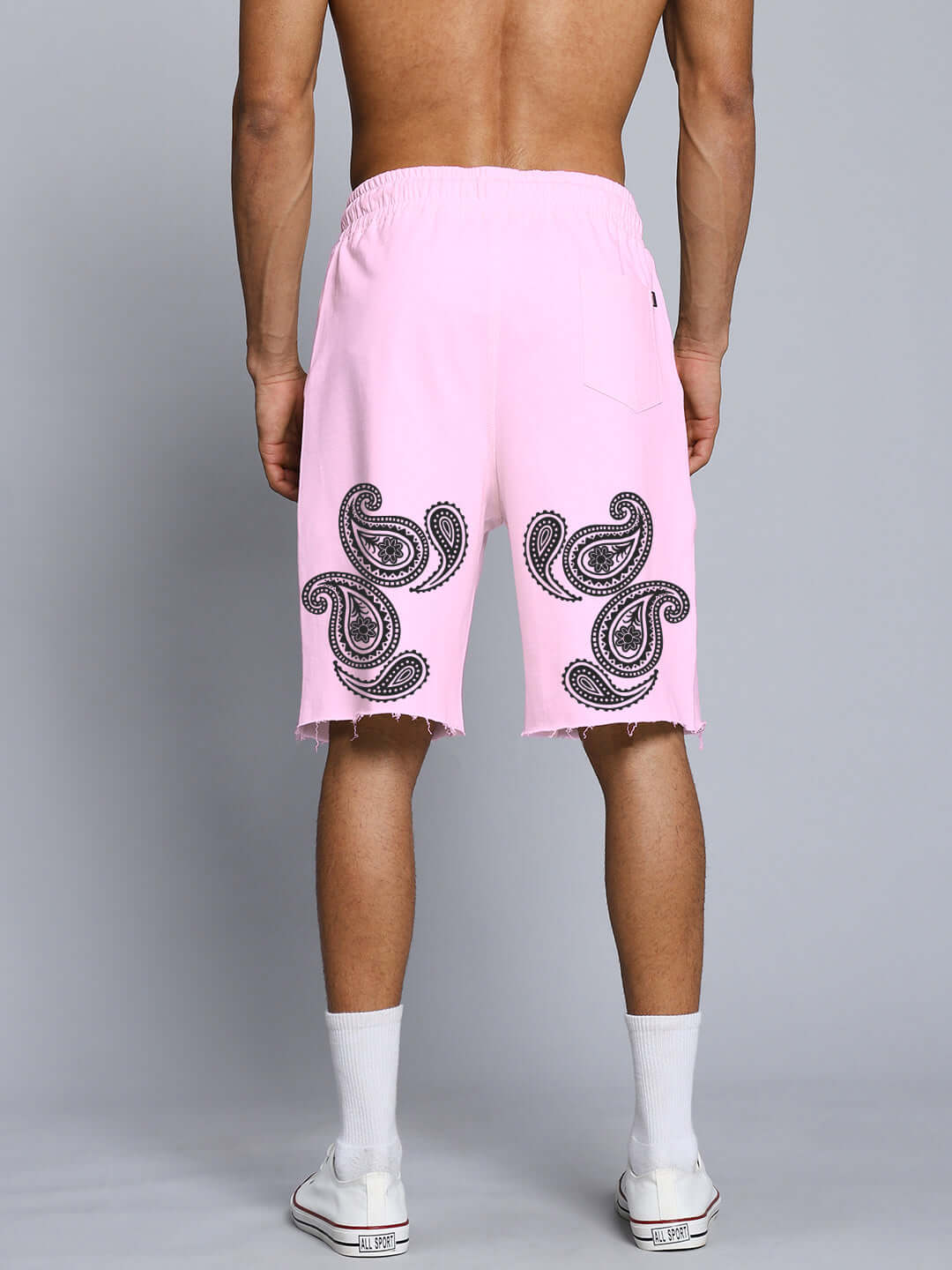 Back view of Messi Paisley Print Regular Fit Shorts Pink with paisley design, showcasing casual boho style.