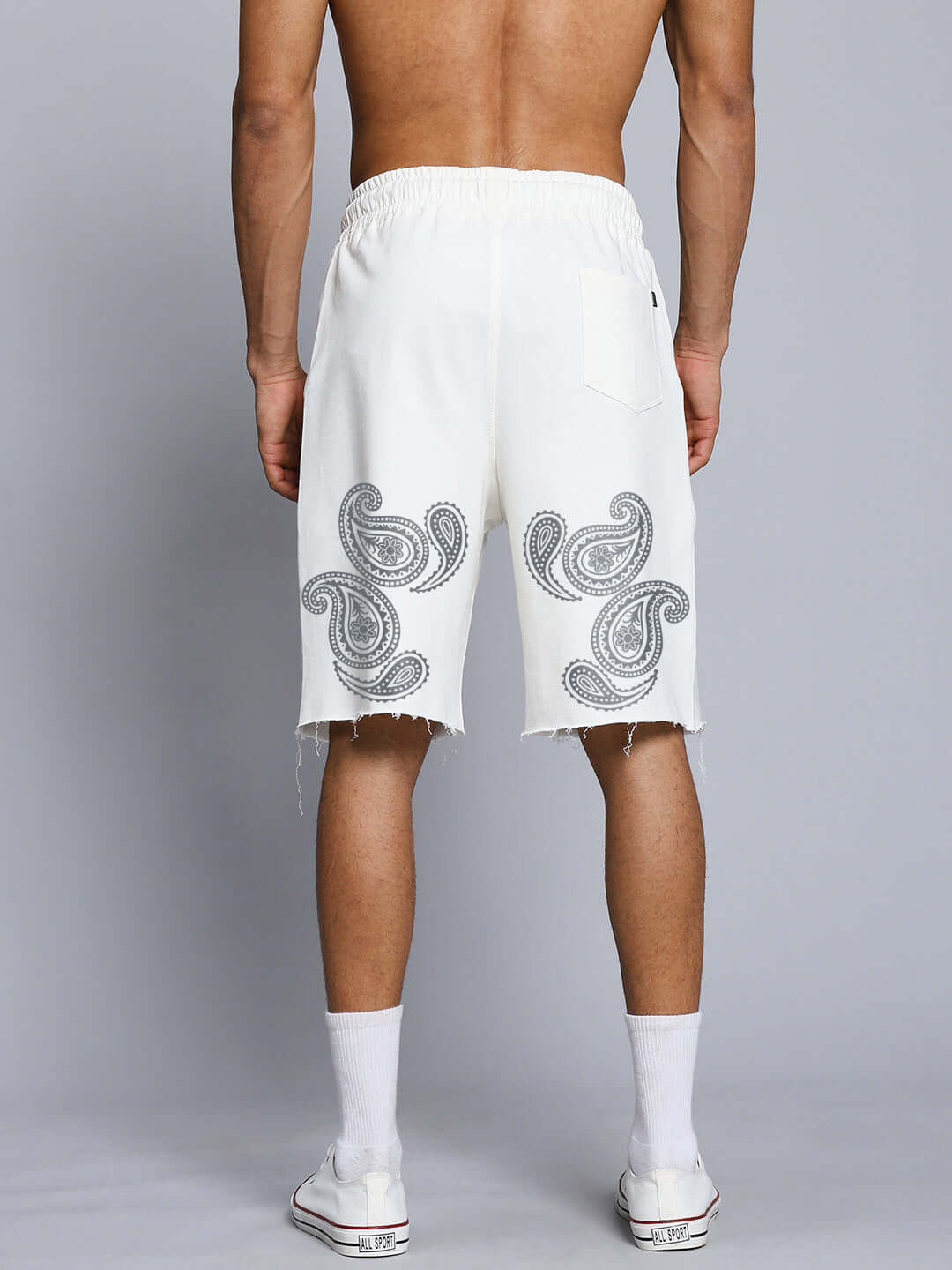 Back view of Messi Paisley Print Regular Fit Shorts Off White with intricate paisley pattern on off-white fabric.
