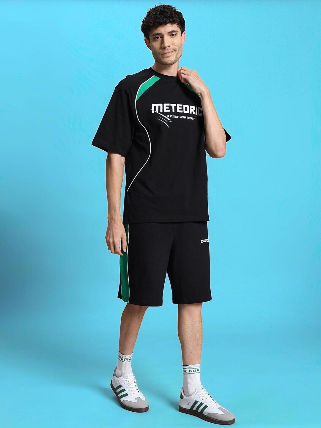 Man wearing METEORIC SUMMER CO-ORD SET BLACK by WEAR DUDS, featuring streetwear-inspired comfort for summer.