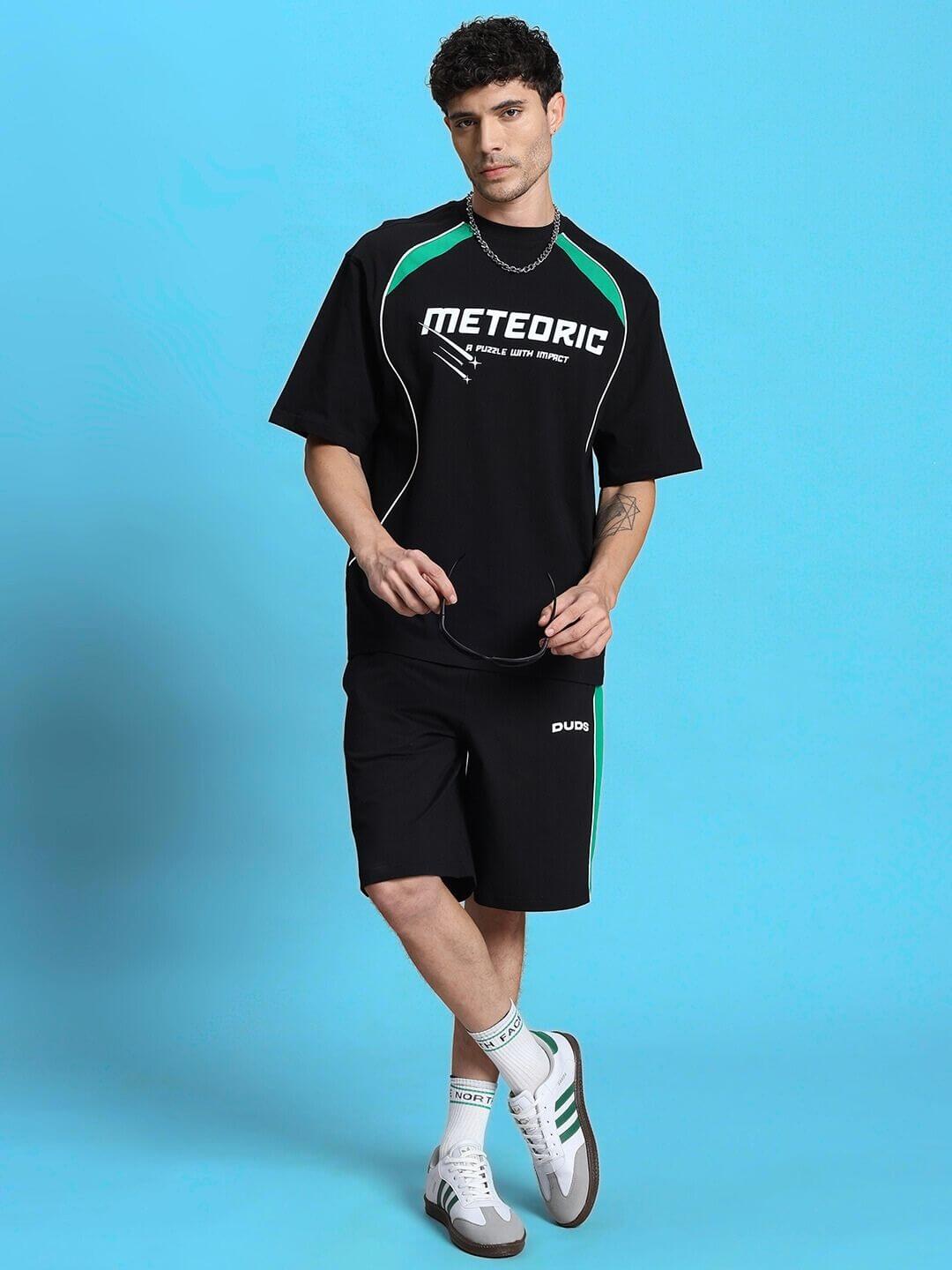 Model wearing METEORIC SUMMER CO-ORD SET BLACK, showcasing a stylish, lightweight streetwear look by WEAR DUDS.