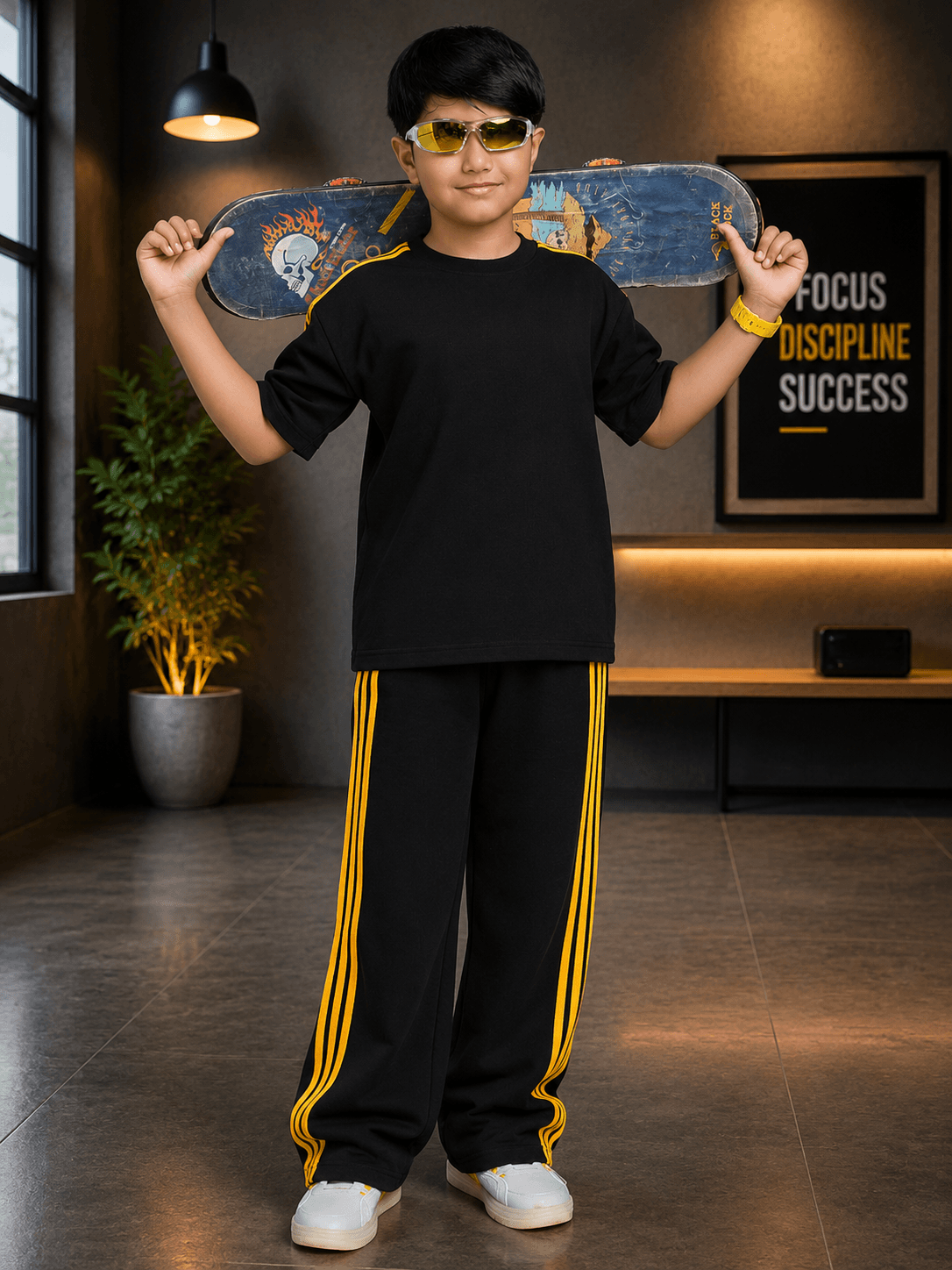 METRO YELLOW STRIPE CO-ORD FOR BOYS GIRLS BLACK, a stylish black outfit with yellow stripes, worn by a boy with sunglasses and skateboard.