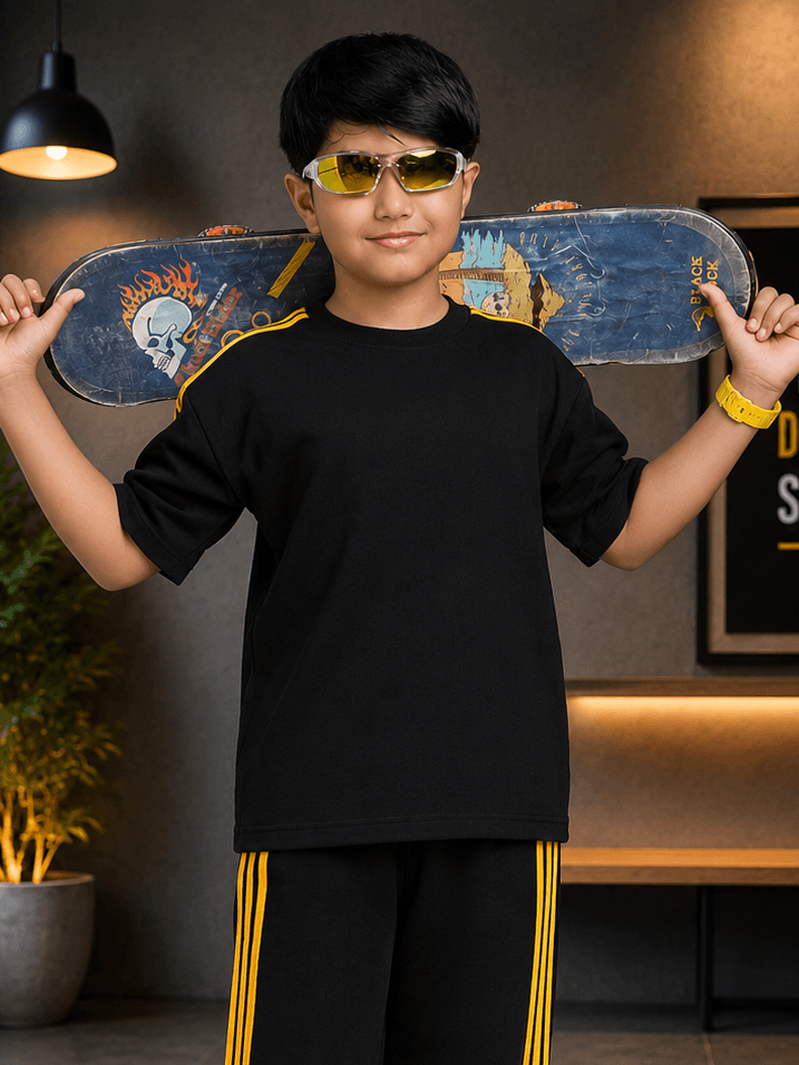 METRO YELLOW STRIPE T-SHIRT FOR BOYS GIRLS BLACK