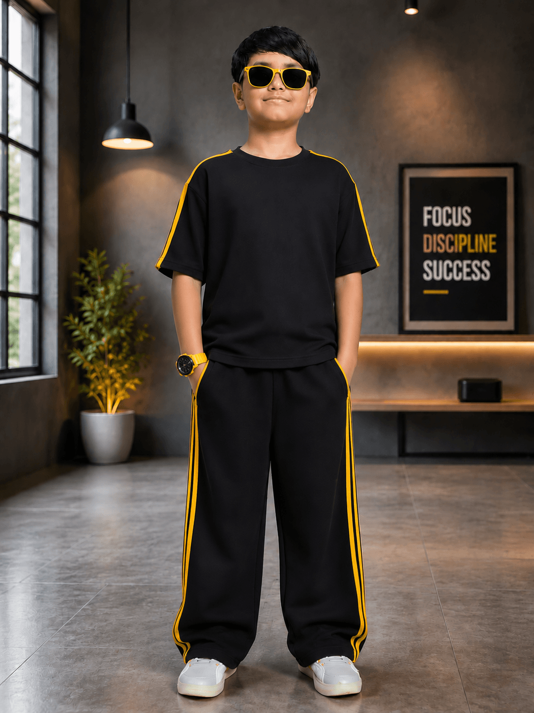 METRO YELLOW STRIPE T-SHIRT FOR BOYS GIRLS BLACK