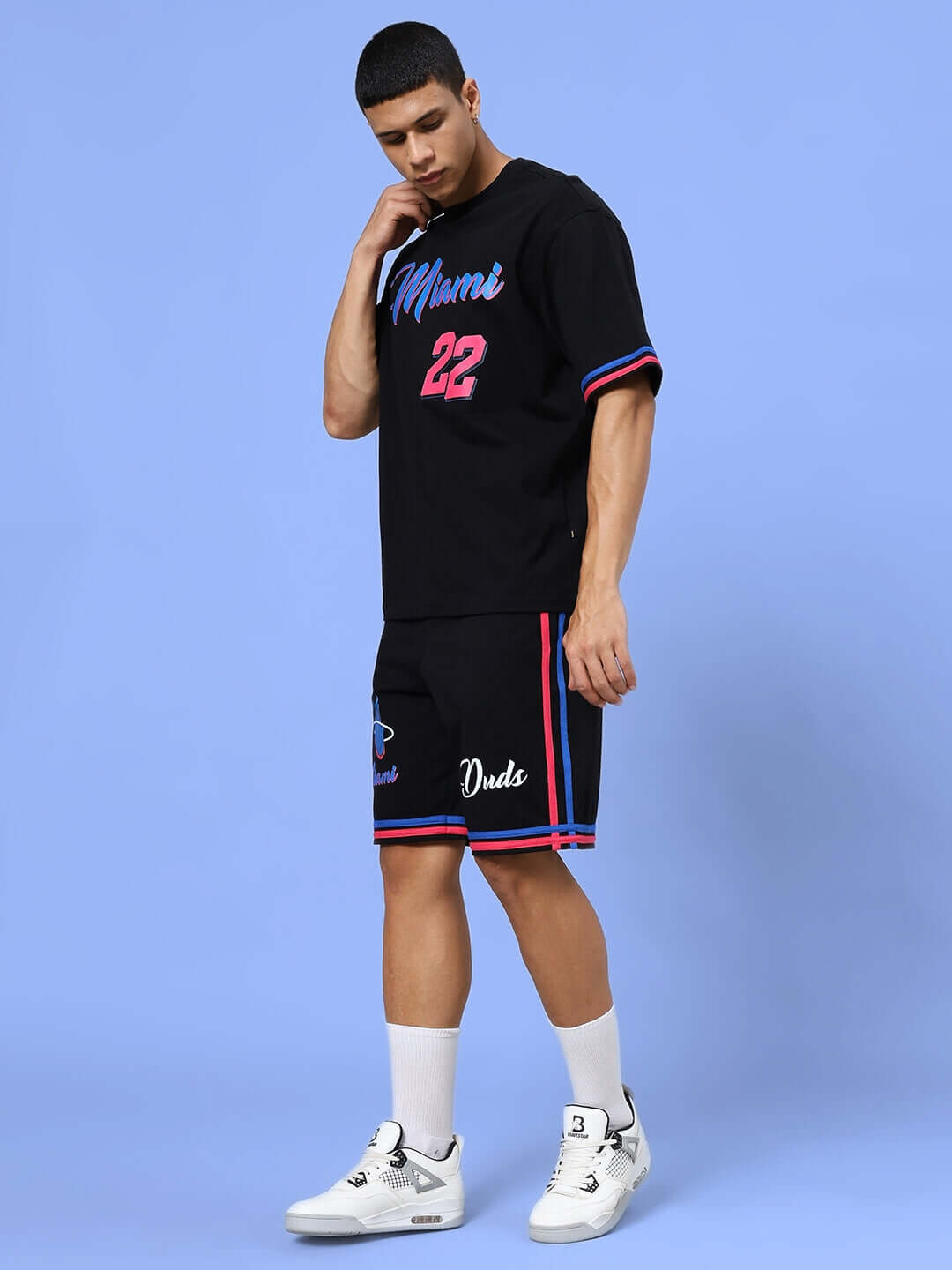 Male model wearing MIAMI COLOR BLOCK CO-ORD SET BLACK with colorblock design, showcasing street-style fashion.