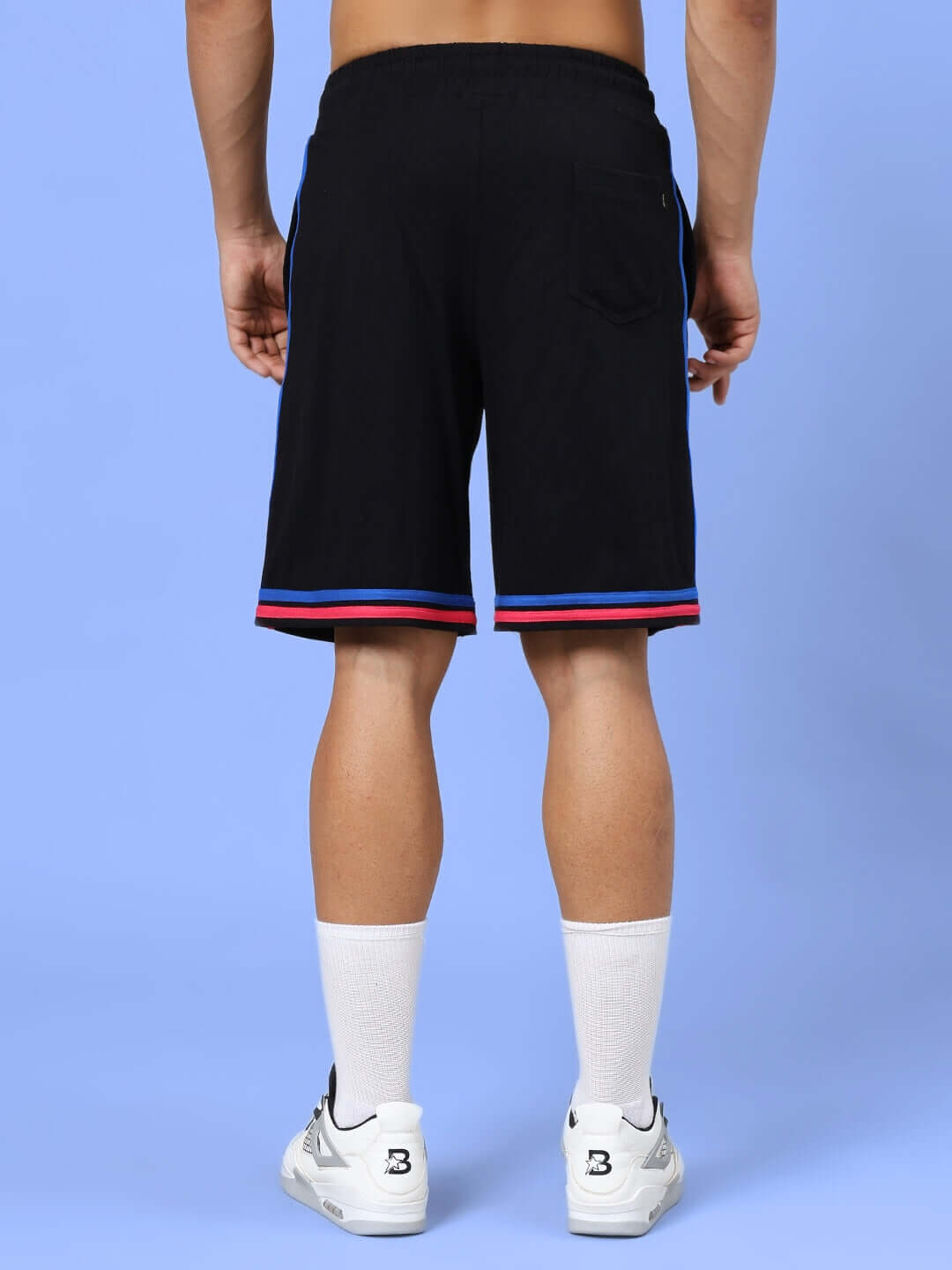 Back view of MIAMI REGULAR FIT SHORTS BLACK showing sporty design and comfortable fit.